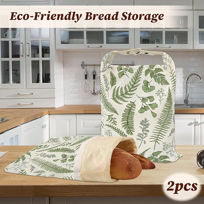 Bread Bags for Homemade Bread, Herbs Eucalyptus Leaves Botanical 2 Pack Linen and Beeswax Sourdough Storage Bags, Reusable Keeper, Keeps Breads Fresh Longer, Gifts for Bakers