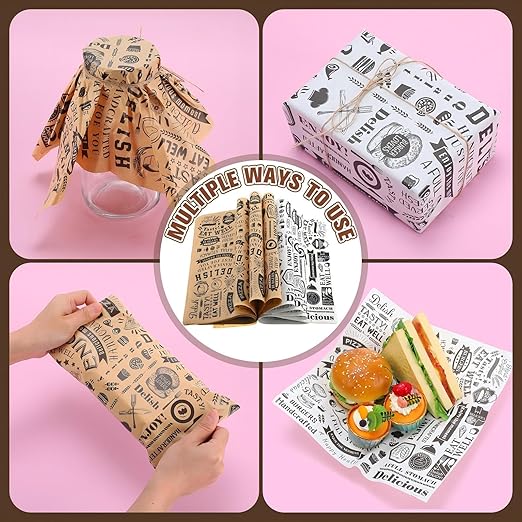 600 Pcs 12 x 12 Inch Deli Wax Paper Sheets Grease Resistant Tray Basket Liners Newsprint Paper Water and Grease Proof Sandwich Wrapping Square Hot Dog Wrappers for Food Baking (Brown,White)