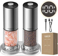 TOMEEM Rechargeable Electric Salt and Pepper Grinder Set, 115ml Large Capacity Stainless Steel Automatic Pepper Mill with Storage Base, LED Display and Light (Silver, Clear Storage Base)