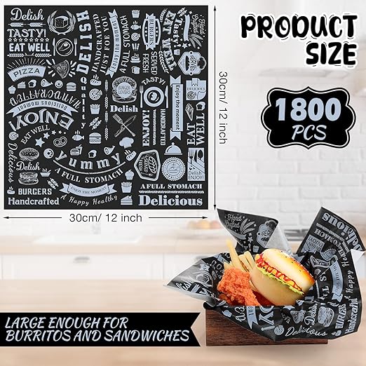 Outus 1800 Pcs 12 x 12 Inch Deli Wax Paper Sheets Grease Resistant Tray Basket Liners Newsprint Paper Water and Grease Proof Sandwich Wrapping Square Hot Dog Wrapper for Food Baking (Black)