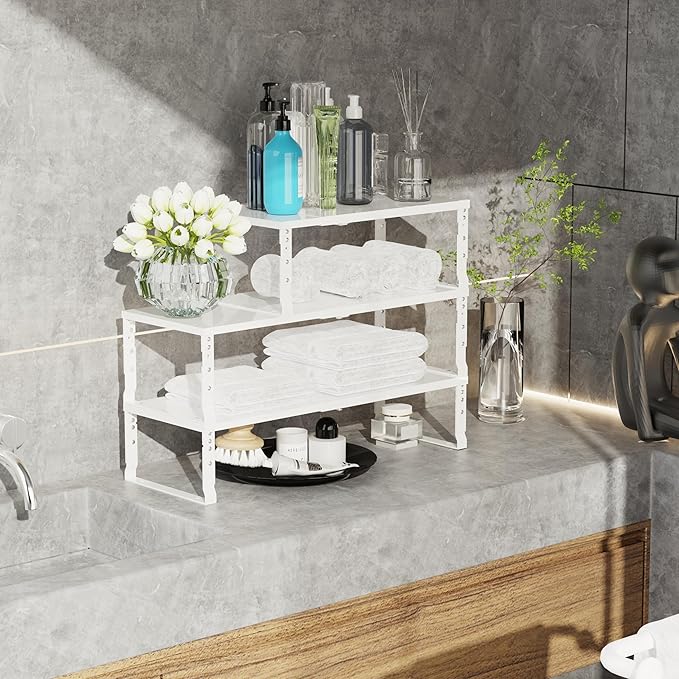 Jojocross Expandable Stackable Spice Rack Organizer for Kitchen Cabinet,Adjustable Counter Shelf, countertop, Pantry,Cupboard,Bathroom,Bedroom(3Packs/White/Large)