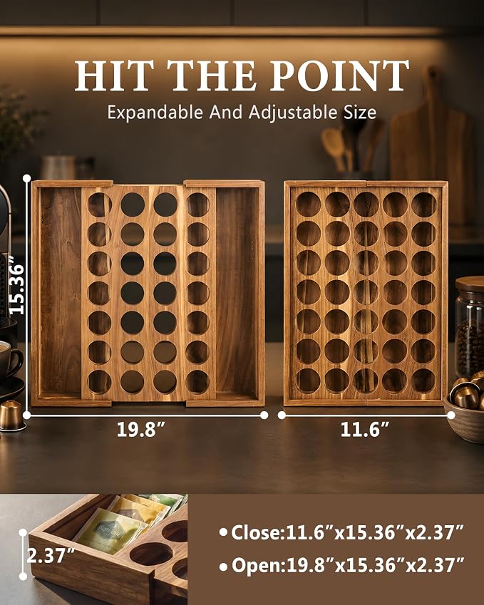 Acacia Wood Coffee Drawer Organizer, 35 Slot K Cup Drawer Organizer, Expandable Coffee Pod Drawer Organizer with Side Pull Out Tea Bag Holder for K Cups and Pods