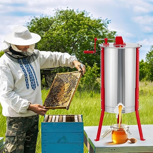 3 Frame Honey Extractor, Manual Stainless Steel Beekeeping Equipment, Honeycomb Drum Spinner with Transparent Lid & Adjustable Stand for Apiary Home Kitchen