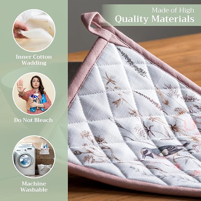 Maison d' Hermine Pot Holders 100% Cotton Heat Resistant Potholders 8" x 8" Hot Pads with Loop BBQ Baking Gifts for Mothers Day Handling Hot Pans Spring/Summer (Pack of 1, Meadow Florals - Brown)
