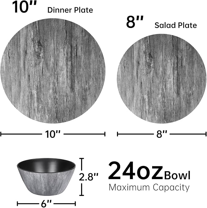Melamine Dinnerware Set – Rustic 12 Piece Plates and Bowls, Heavy Duty Dishes for Indoor Outdoor Use, Break-Resistant, Dishwasher Safe，Black Wood Grain