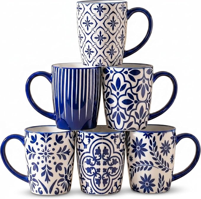 glowworm Ceramic Coffee Mugs, 16 Ounce Coffee Cups with Handle for Cappuccino, Milk, Hot Cocoa, Tea, Vintage Coffee Mug for Kitchen, Dishwasher & Microwave Safe, Set of 6, Blue&White