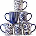 glowworm Ceramic Coffee Mugs, 16 Ounce Coffee Cups with Handle for Cappuccino, Milk, Hot Cocoa, Tea, Vintage Coffee Mug for Kitchen, Dishwasher & Microwave Safe, Set of 6, Blue&White