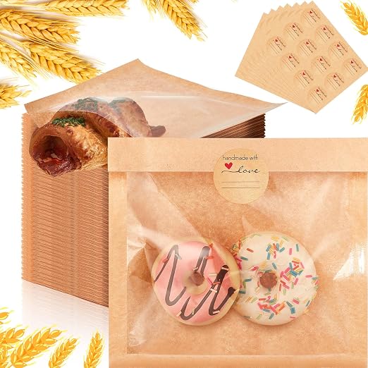 Outus 700 Pcs Cookie Packaging Bags with Seal, 7.1 x 7.5 Inch Bakery Pastry Bags with Window, Heat Sealable Grease Resistant Paper to Go Bake Sleeves for Gift Giving Donut Bread Sandwich (Brown)