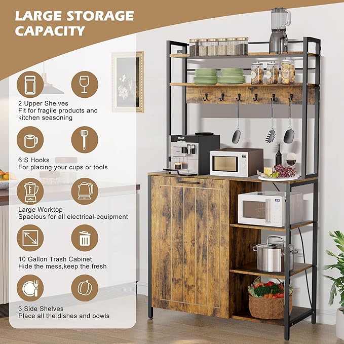 Kitchen Bakers Rack with Power Outlets, 63"H Microwave Oven Organizer with Tilt Out Trash Can Cabinet Storage Shelf 6 Tiers Coffee Bar Stand, Freestanding Pantry Hutch Rack with 6 Hooks (brown)
