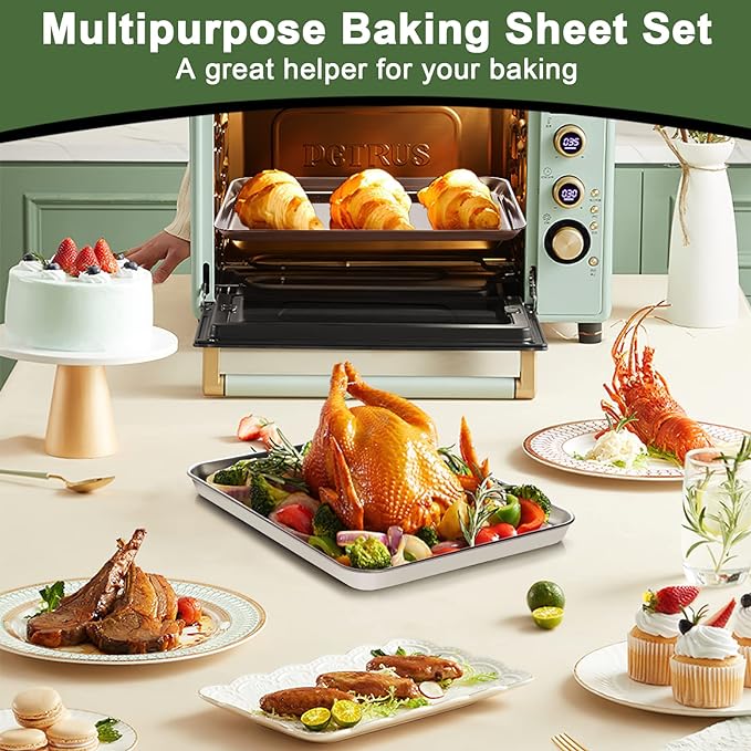 Baking Sheet Tray Cooling Rack with Silicone Baking Mat Set, Stainless Steel Cookie Pan For Oven, Set of 9 (3 Sheets + 3 Racks + 3 Mats), Warp Resistant & Heavy Duty & Easy Clean, Red