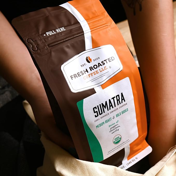 Fresh Roasted Coffee, Organic Sumatra Whole Bean Coffee, Medium Roast, USDA Organic, 100% Single Origin, Kosher, 12 oz