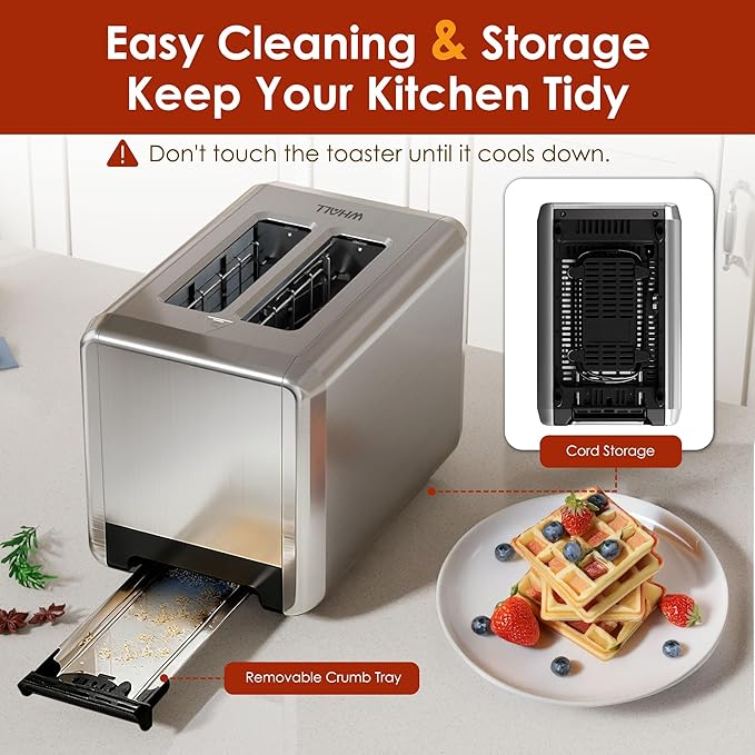 WHALL Full Touch Screen Toaster 2 Slice, 1.5'' Wide Slot Stainless Steel Toaster with Digital Timer, 6 Bread Types & 6 Shade Settings, Crumb Tray, Reheat/Defrost, Smart Toasters for Bagels, Silver