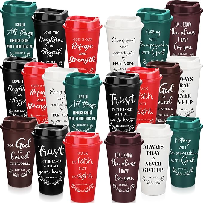 Skylety 20 Pack Bulk Christian Gifts for Men Women 16oz Reusable Bible Verse Tumbler Plastic Coffee Cup with Lid Inspirational Religious Church Gift for Teacher Graduation Party Favor (Classic Color)