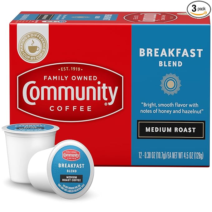 Community Coffee Breakfast Blend 36 Count Coffee Pods, Medium Roast, Compatible with Keurig 2.0 K-cup Brewers, 12 Count (Pack of 3)