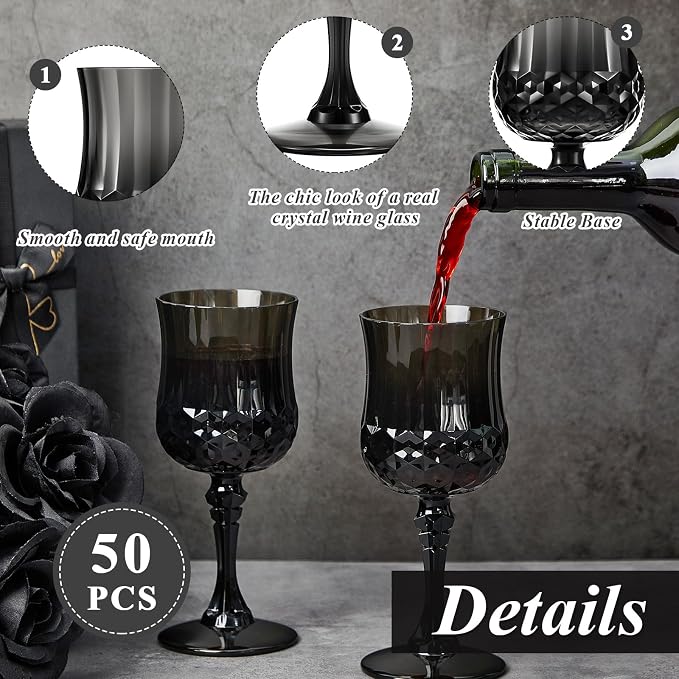 Pinkunn 50 Pcs 7 oz Plastic Vintage Wine Glasses Reusable Colored Goblets Patterned Drinking Water Glasses Cup Dishwasher Safe for Mother's Day Wedding Reception Party Supplies (Black)