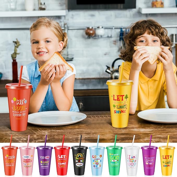 Uiifan 50 Pcs VBS Christian Cups for Kids Bulk, Reusable Plastic Tumblers with Lids and Straws, Bible Verse Cups for Sunday School, VBS, Church Events, Classroom Rewards, Kids Party (Multicolor)