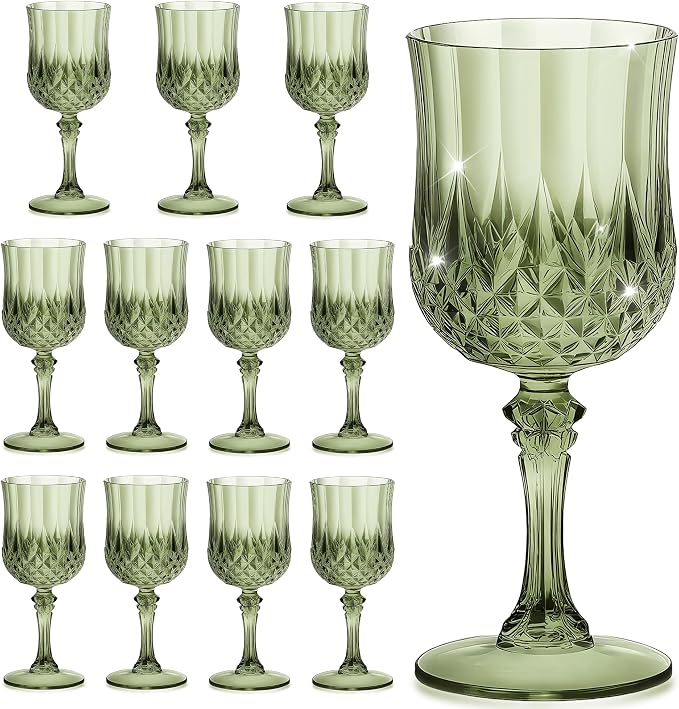 7OZ Plastic Wine Glasses, Reusable Vintage Goblets Unbreakable Drinking Glasses Crystal Water Cups Champagne for Wedding, Parties (12, Light Green)