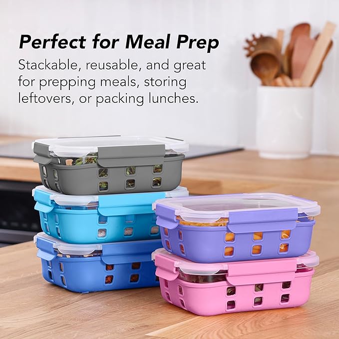 ECOBERI 4.5 Cup Glass Meal Prep Containers with Lids & Silicone Sleeves, 3-Pack Airtight, Leak-Resistant Food Storage Containers for Fridge, Freezer, Oven & Microwave