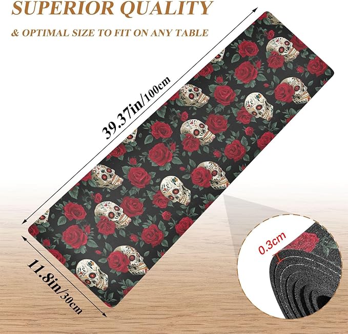 2 in 1 Table Runner Trivet for Hot Pots and Pans Heat Resistant Non Slip Waterproof 39 x 12 Inch Decorative Table Protector for Kitchen Countertop Mexico Skull Rose Flowers Red