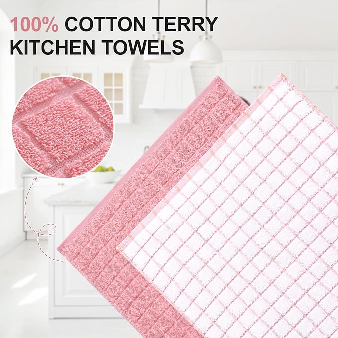 Homaxy Premium Cotton Kitchen Towels 16"x 28", Large Natural Ring Spun 390 GSM Dish Towels, Super Absorbent Terry Kitchen Hand Towels, Soft Tea Towels with Hanging Loop, Pink Check Design, 4 Pack