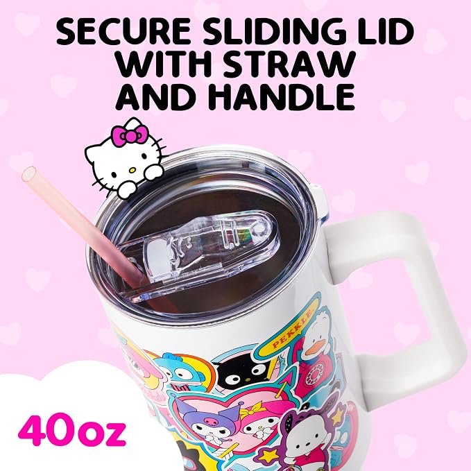 Silver Buffalo Sanrio Hello Kitty & Friends Cinnamoroll, Kuromi, Chococat, Badtz-Maru, Keroppi, Sticker Double Walled Stainless Steel Tumbler w Handle and Straw, Fits in Standard Cup Holder, 40 Ounces