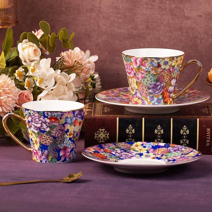 KAMMAK Tea Cups and Saucers Set of 2, Porcelain Coffee Cups, 7.5oz Stackable Espresso Mugs, Ceramic Demitasse for Coffee, Latte, Americano, Tea (637N+638N)