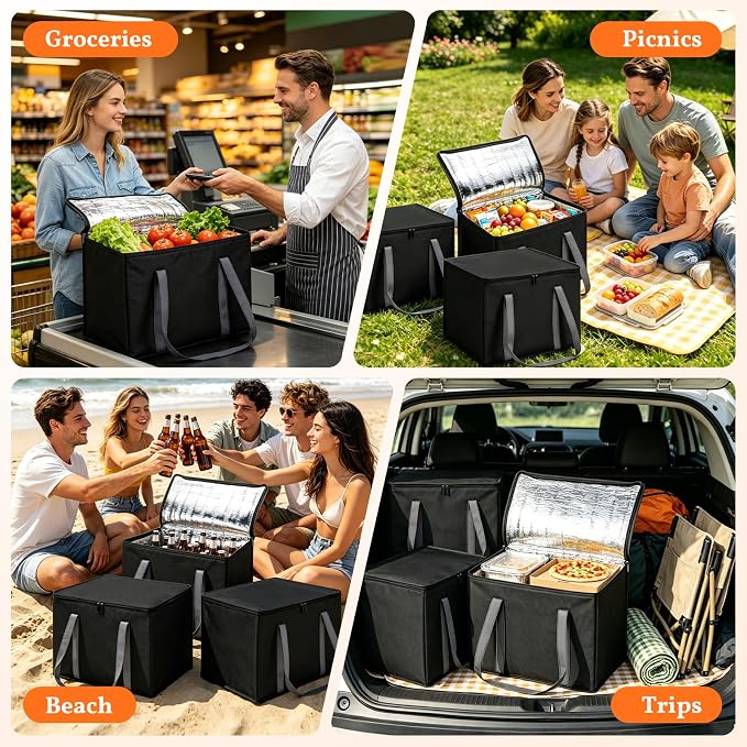 3-Pack XL-Large Insulated Grocery Bags, Collapsible Cooler Bags with Zipper, Multi-Purpose Insulated Tote for Shopping Camping Beach and Trips