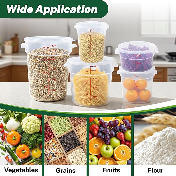 4 Pack 8Qt Round Polypropylene Food Storage Container with Lids Scale | Translucent containers with lids, easy-read scale, labels and measuring cups; stackable for prep, storage and freezer use.