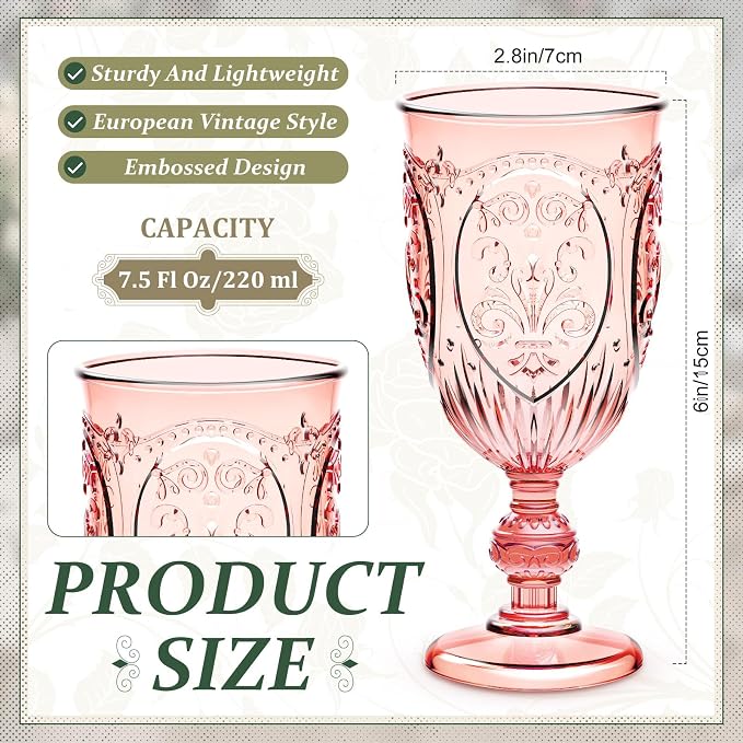 Wiwiqing 6 Pcs Plastic Goblets 7.5oz Vintage Goblet Plastic Wine Glasses Colored Retro Embossed Water Goblets for Wine Bar Juice Baby Shower Wedding Reception Grand Event Party (Multicolor)