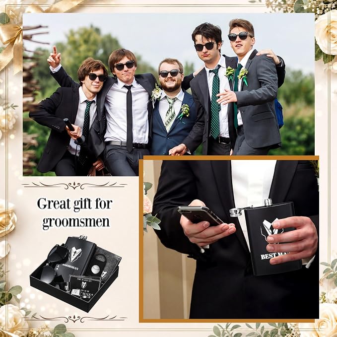 Mimorou 66 Pcs Groomsmen Proposal Gifts - Shot Glasses, Stainless Steel Ice, Flask, Funnel, Gift Boxes, Sunglasses, Knives, Bottle Opener, Cards, Wallets for Wedding Groomsmen Present Set (Retro)