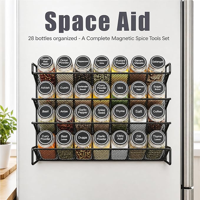 UVIAHOMI Magnetic Spice Rack Organizer for Refrigerator with 28 Spice Jars, 386 Spice Labels, 4 Hook, Chalk Marker and Funnel Set, Magnetic Shelf for Seasoning Organizer, 13.2'' W x 9.8 H, Black
