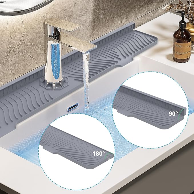 Derlights 33 inch Sink Splash Guard Mat, Silicone Faucet Handle Drip Catcher Tray, Longer Silicone Sink Mat for KitchenBathroom, Drip Protector Splash Countertop (Gray)