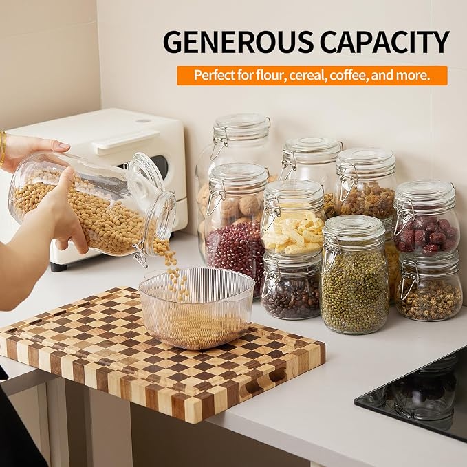 4 Pack 34oz Food Storage Jars with Airtight Lids, Preserving Seal Wire Clip Fastening Glass Containers, Canisters for Kitchen Organization, Flour, Cereal, Pasta, Sugar, Beans, Pickling Jars(34 Oz*4)