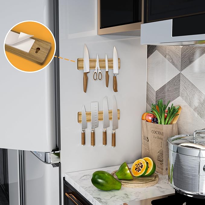 Magnetic Knife Holder for Wall, 10" Acacia Wood Knife Magnetic Strip No Drill Knife Magnet Storage Bar Magnetic Tool Key Holder Strip for Wall Use as Knife Rack for Kitchen Utensil Organizer Natural