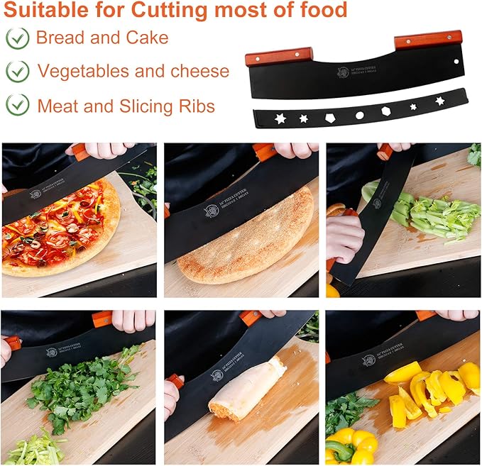 AILUROPODA Pizza Cutter Rocker with Knife Sharpener & Protective Cover 16" Large Pizza Rocker Cutter Sharp Pizza Slicer 30Cr13 Stainless Steel Pizza Knife (Black)