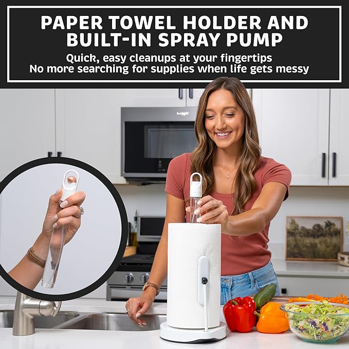 Stainless Steel Paper Towel Holder with Tension Arm and Spray Pump – One-Handed Tear, Smart Traction System, Heavy Duty Suction Cups, Weighted Base, Kitchen Towel Dispenser for Countertop Use (White)