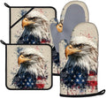 American Flag Eagle Oven Mitts and Pot Holders Sets 4Pcs Silicone Non-Slip Mitts Heat Resistant Gloves Hot Pads for Kitchen Cooking Baking Grilling BBQ