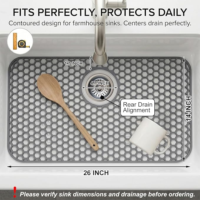 Silicone Sink Protectors for Kitchen - Non-Slip Heat Resistant Grid Mat for Farmhouse Porcelain Stainless Steel, Protects & Cushions Your Sink (Gray 1PCS, 26"x14" Rear Drain)