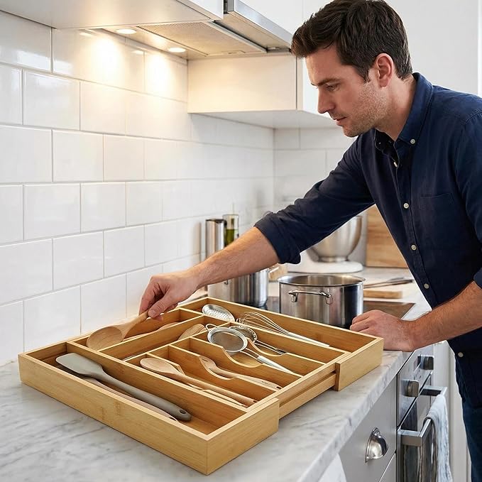 Expandable Bamboo Drawer Organizer Tray for Kitchen Utensils, Adjustable Cutlery Organizer with 7-9 Compartments, 13" to 20" Wide Wood Drawer Divider for Home