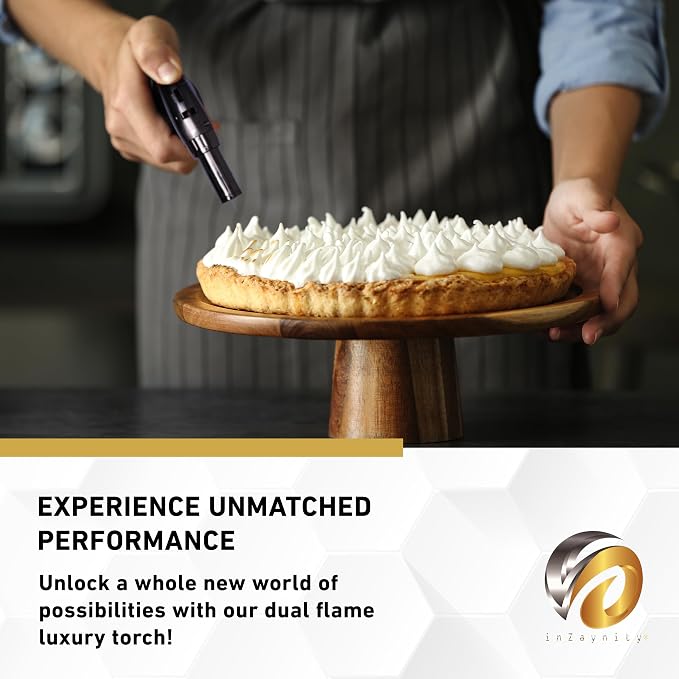 Dual Flame Butane Torch Gun - Refillable Luxury Hand Held Mini Blow Torch for Cooking, Creme Brulee, Soldering, Welding, & Resin Art - Adjustable Flame with Ignition Lock - Steel Blue by inZaynity®