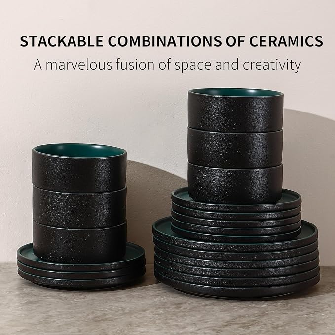 GZG Classic Series - Plates and Bowls Set for 2, 6 Piece Stoneware Dinnerware Sets, Microwave and Dishwasher Safe Lead-Free Handcrafted Ceramic Dishes Set - Malachite Green