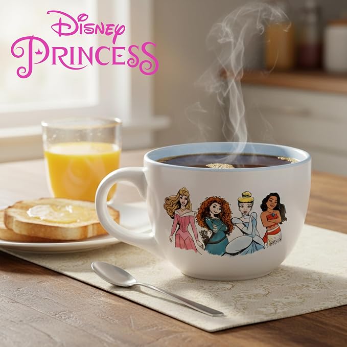 Silver Buffalo Disney Princess Tiana Ceramic Soup Mug, 24oz | Belle, Ariel, Mulan, Jasmine, Aurora, Merida, Cinderella, Moana, Courage to be Kind artwork, Includes large handle