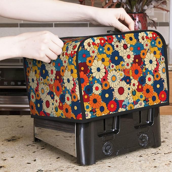 Toaster Cover 4 Slice Ethnic Flower Colorful Daisy Kitchen Small Appliance Covers with Pockets Dust and Fingerprint Protection