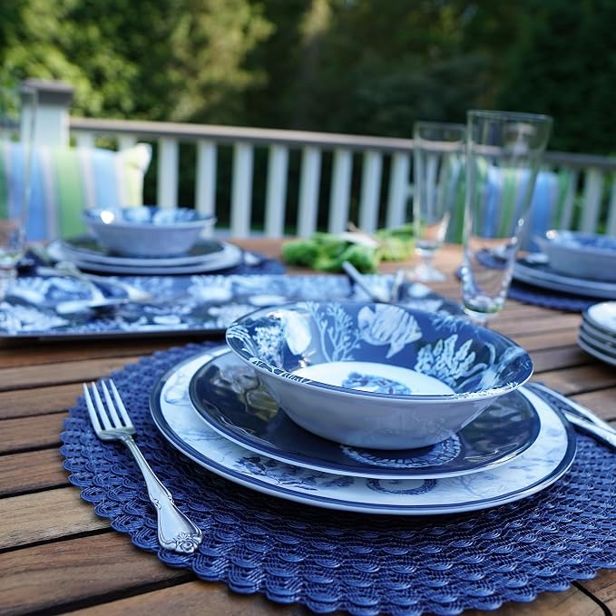 Sea Life Melamine 12 Piece Dinnerware Set – Service for 4 Coastal Themed Plates and Bowls with Ocean Art, Reusable Nautical Dinnerware for Indoor/Outdoor Dining, Dishwasher Safe, Break-Resistant