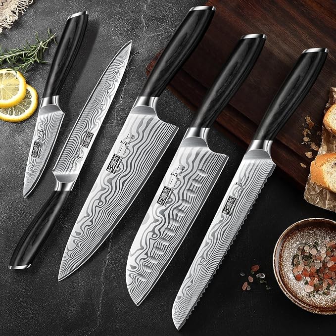 HOSHANHO Cleaver Knife 7 Inch, Razor Sharp High Carbon Powder Steel Meat Cleaver & 5 Pieces Knife Set, Professional Powder Steel Chef Knife Set, Ultra Sharp Japanese Kitchen Knives Set