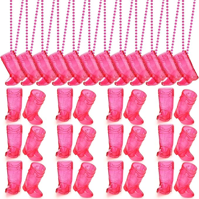 Sieral 36 Pcs Cowboy Boot Shot Glasses on Beaded Necklace Plastic Reusable Cowgirl Shot Boot Glasses Necklace Party Cups for Cowboy Cowgirl Bachelorette Carnival Western Birthday (Transparent Rose)