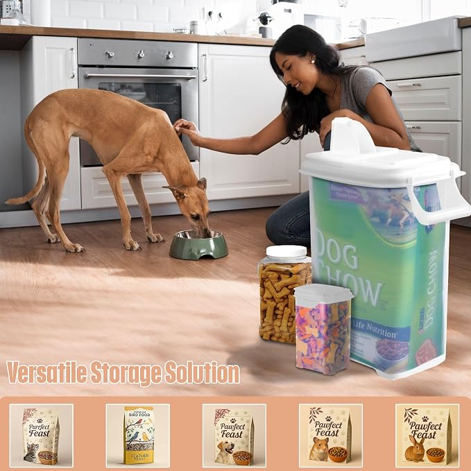Buddeez Pet Food Storage Solution (Set of 3) - 32QT, 4QT & 2QT BPA-Free Containers with Scoop & Pour Spout for Dry Food, Treats, Chews (White Lid)