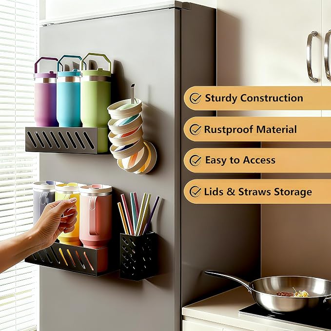 Magnetic Stanley Cup Organizer (2-Count) - Secure Fridge Mount for Full-Size 30/40 oz Tumblers with Lid & Straw Storage (6 Tumblers)