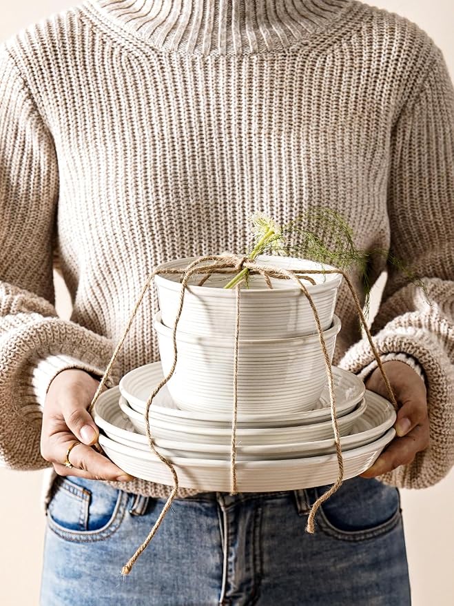 LE TAUCI Ceramic Plates and Bowls Set for 4, 12-Piece Ceramic Dinnerware Set, Farmhouse Dishes Set, Microwave & Dishwasher Safe, Stackable,12-Piece, Arctic White (10" Dinner+8" Salad Plates+6" Bowls)