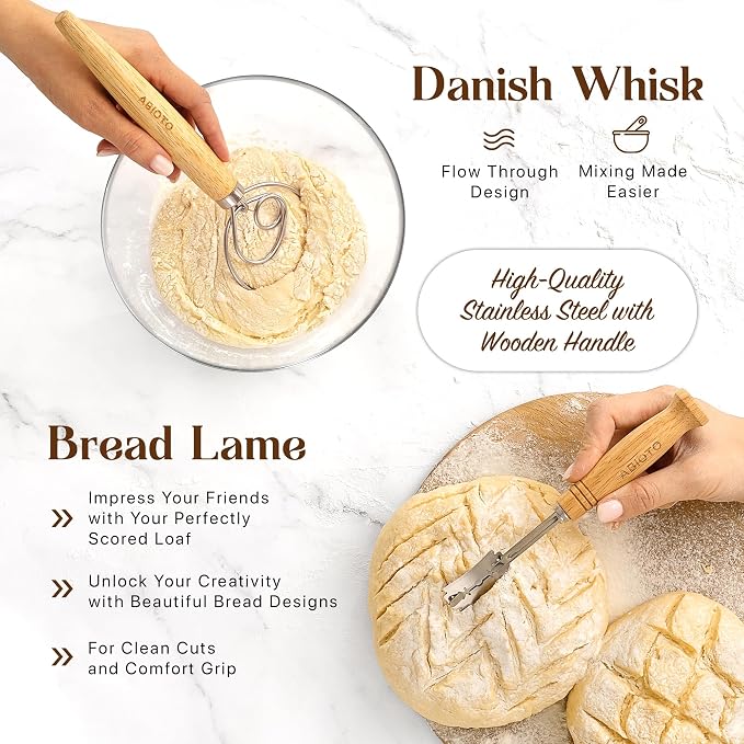 ABIOTO Sourdough Bread Baking & Starter Kit - 24-Piece Set with 9" Round & 10" Oval Rattan Baskets, 24oz Starter Jar, Bread Lame, Danish Whisk, Slings & Mat